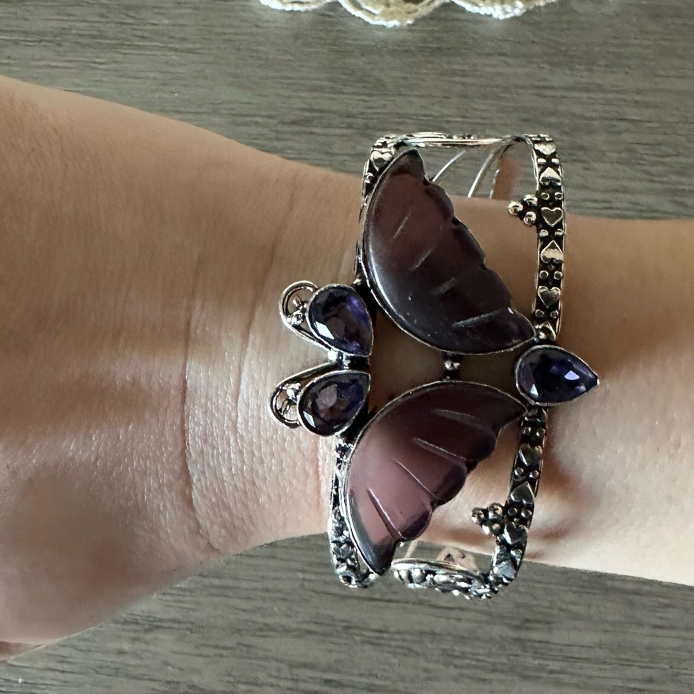 🆑 0876 Amethyst Handmade Adjustable Bangle Statement Bracelet Silver Cuff - Picture 9 of 10